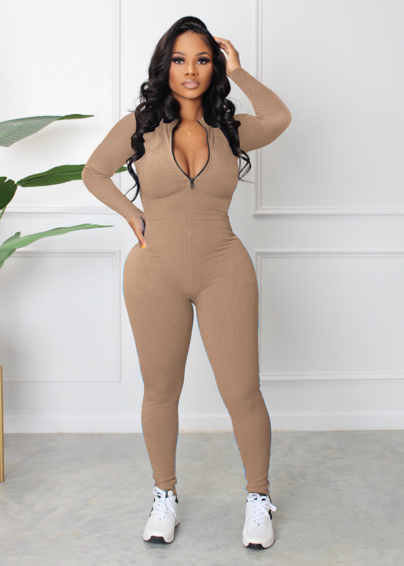 Sunken Stripe Zipper Sports Fashion Jumpsuit