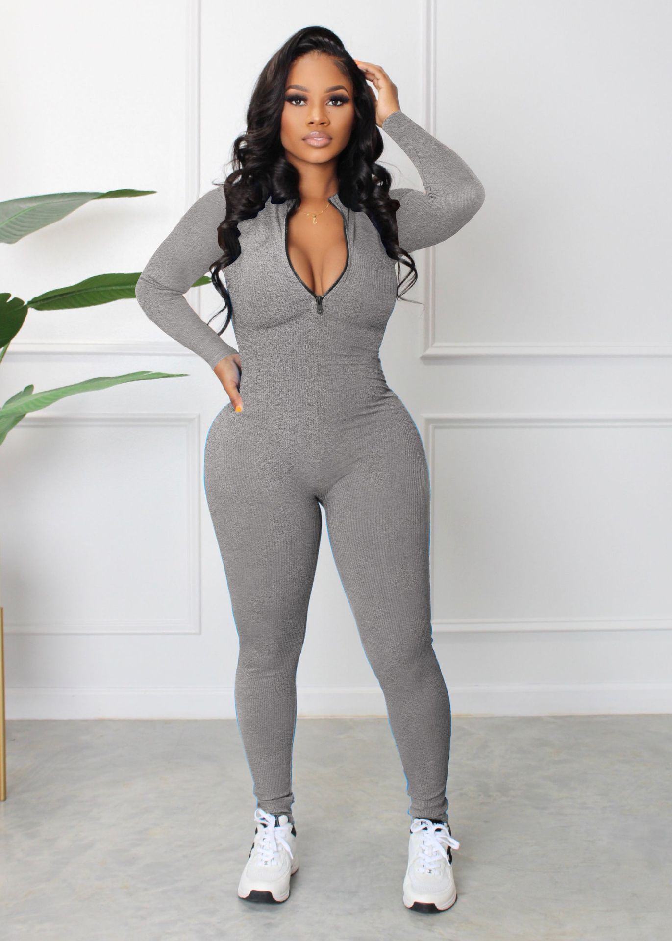 Sunken Stripe Zipper Sports Fashion Jumpsuit