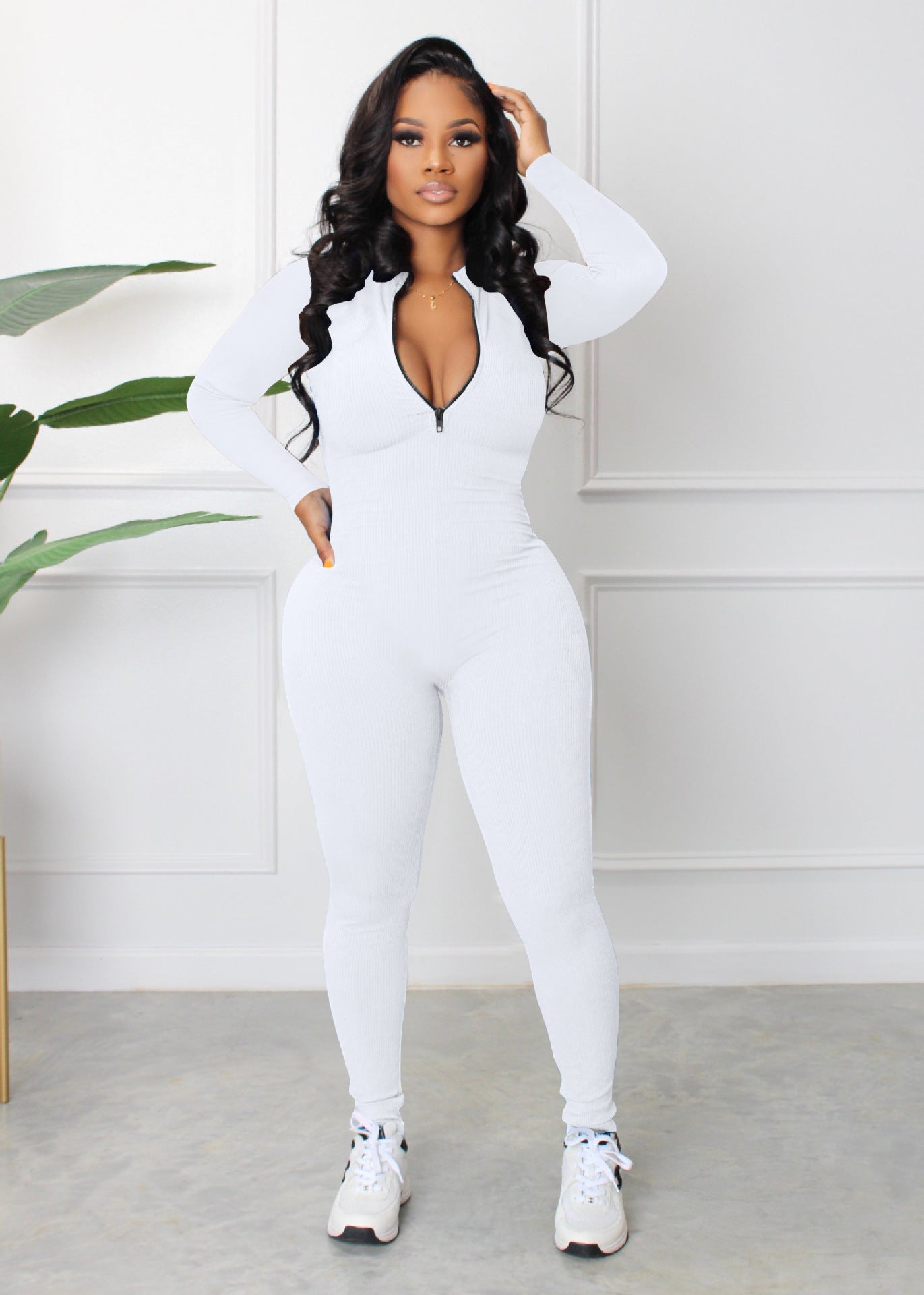 Sunken Stripe Zipper Sports Fashion Jumpsuit